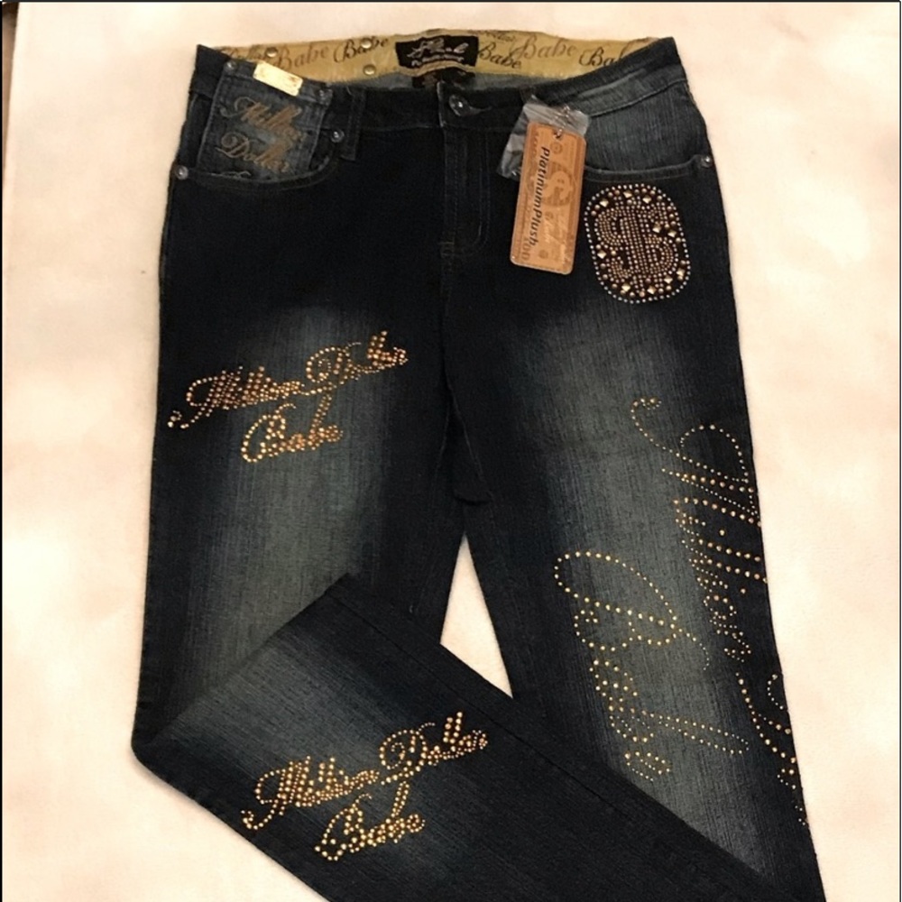 Unique Million Dollar Babe Rhinestone & Metal Stud Embellished Blue Jeans Money